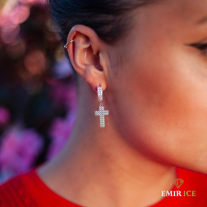 BOUCLE D'OREILLE JONC CROIX PENDANTE | OR BLANC ARGENT - Emirice.com