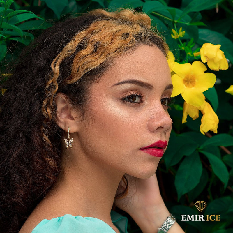 BOUCLE D'OREILLE PENDANTE PAPILLON | OR JAUNE Bijouterie Bijoux Diamant Emirice.com