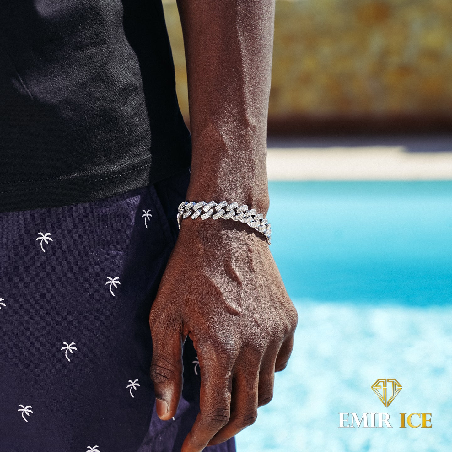 BRACELET CUBAIN DIAMANT BAGUETTE OR BLANC - 12MM - Emirice.com