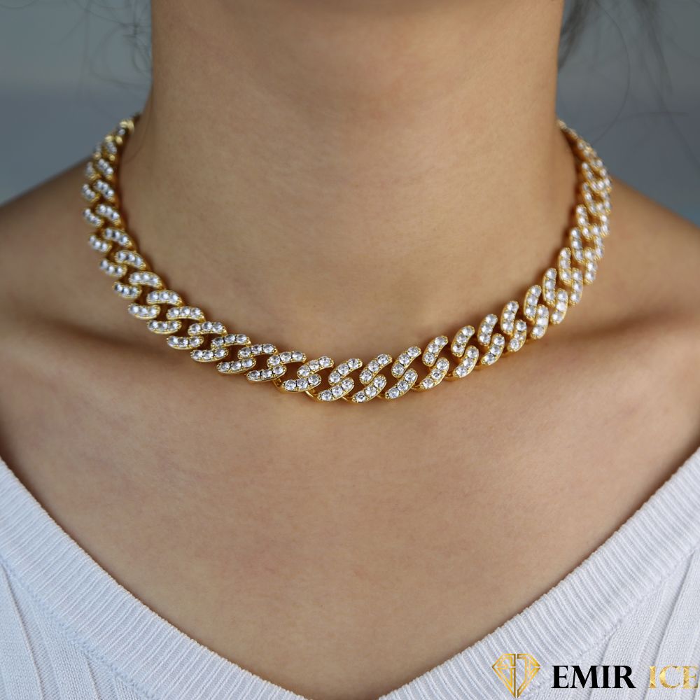 COLLIER MAILLE CUBAINE FEMME "GOLDEN ICE" - 12MM - Emirice.com