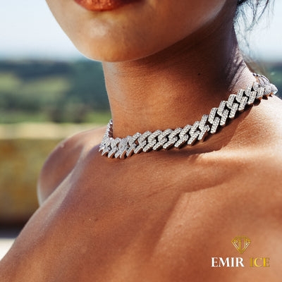 COLLIER PRONG CUBAN LINK FEMME OR BLANC - 14MM - Emirice.com
