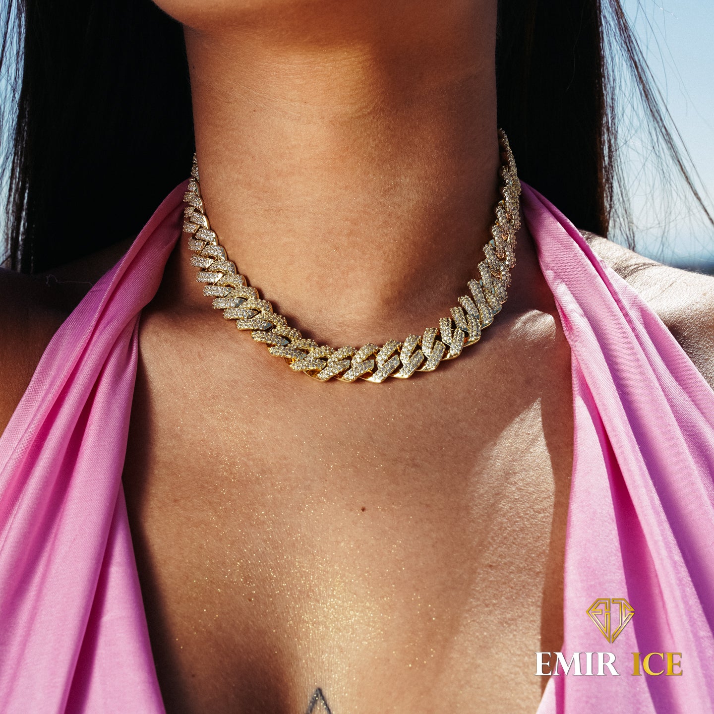 COLLIER PRONG CUBAN LINK FEMME OR JAUNE - 14MM - Emirice.com