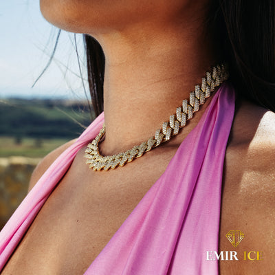 COLLIER PRONG CUBAN LINK FEMME OR JAUNE - 14MM - Emirice.com