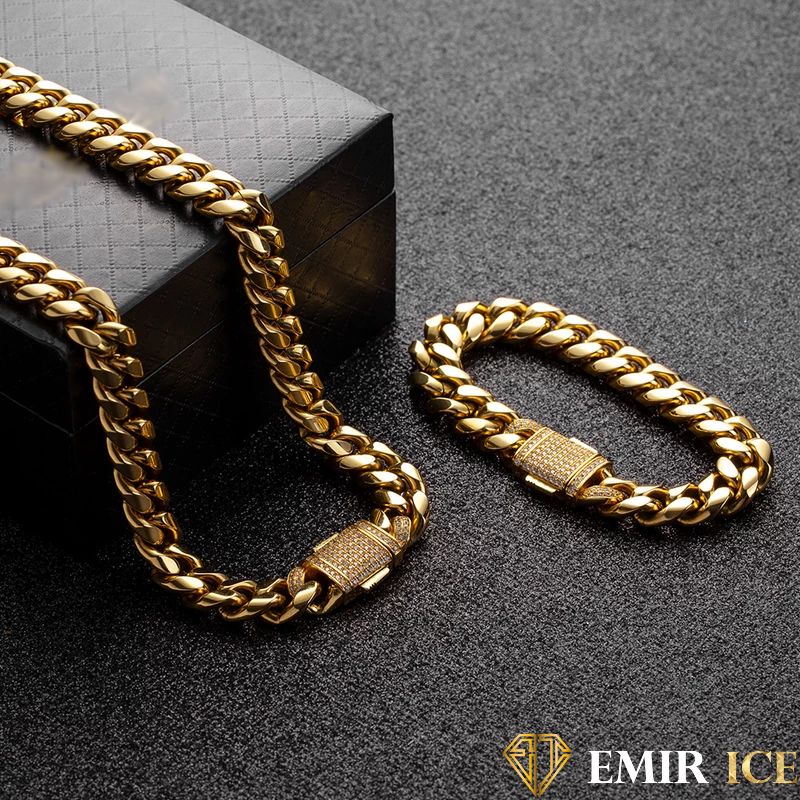 SET DE COLLIER ET BRACELET EMIR CUBAN LINK OR JAUNE - 12MM - Emirice.com