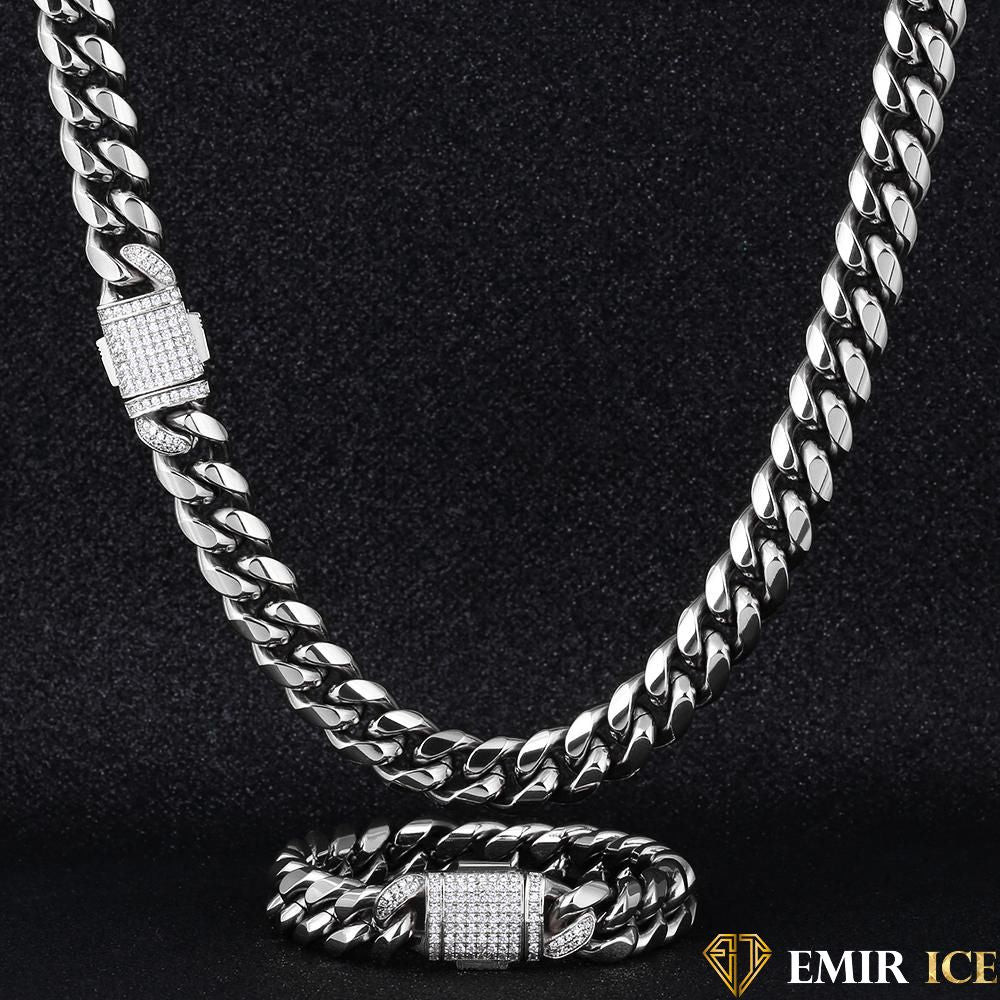 Parure chaîne et bracelet Cuban Link 12 mm or blanc, Emir ICE