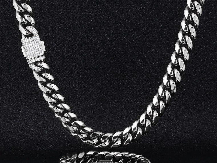 Parure chaîne et bracelet Cuban Link 12 mm or blanc, Emir ICE