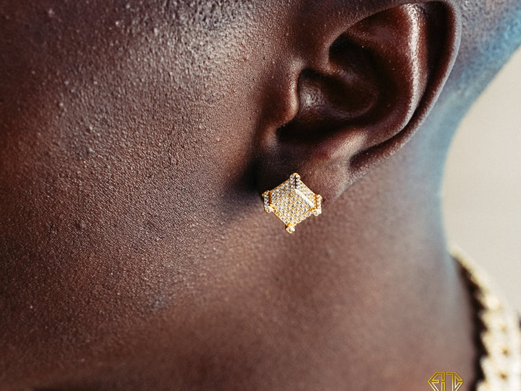 Boucles d'oreilles Carré or jaune, plaqué or et zircone cubique, pour homme