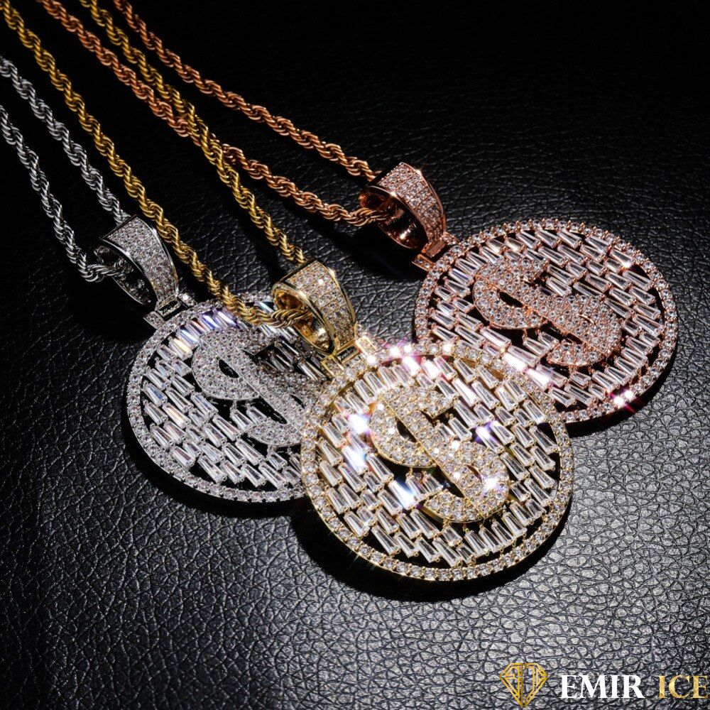 Pendentif dollar plaqué or serti de zircones en trois finitions, Emir ICE