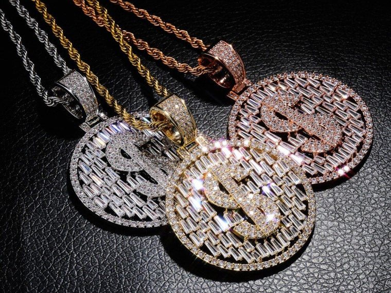 Pendentif dollar plaqué or serti de zircones en trois finitions, Emir ICE