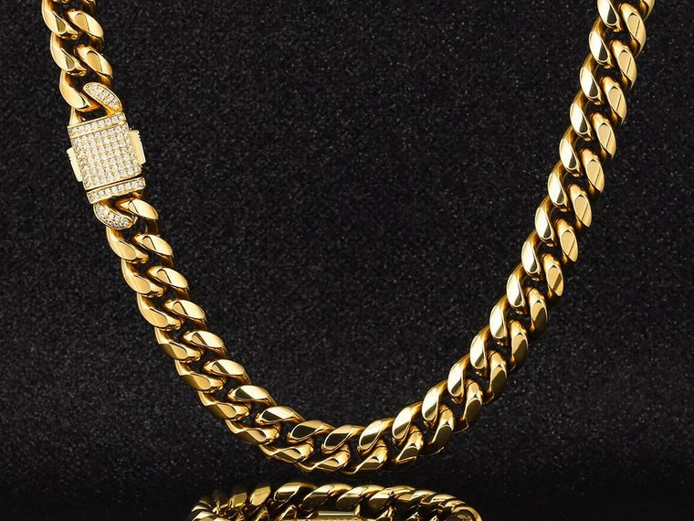Set collier et bracelet cuban link en diamant plaqué or jaune, parure de bijoux homme