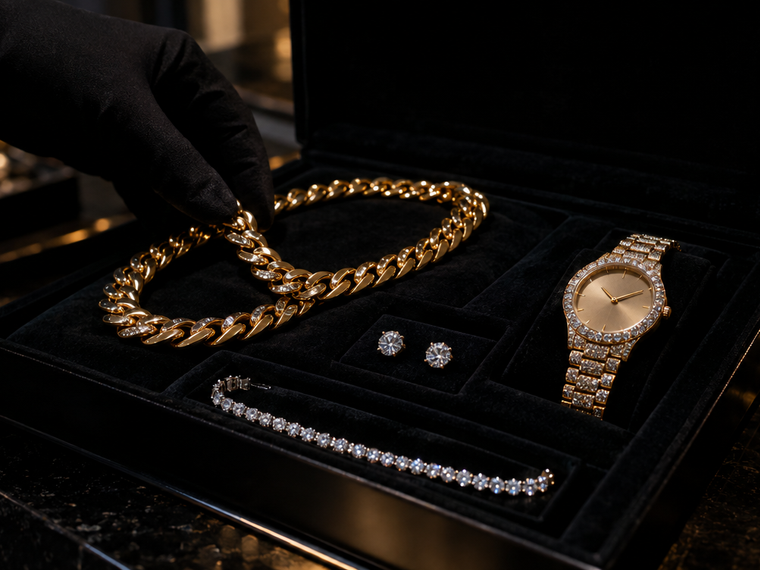Chaîne cubaine dorée, bracelet tennis, puces d'oreilles et montre sertie dans un écrin noir
