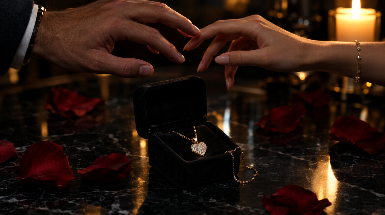 Pendentif cœur doré dans un écrin noir entre deux mains, pétales de rose rouge