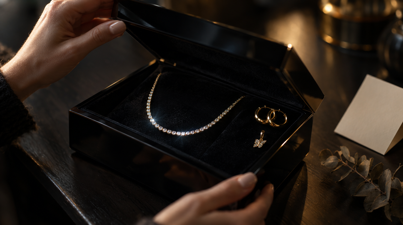 Mains ouvrant un écrin noir contenant un collier rivière doré et des créoles