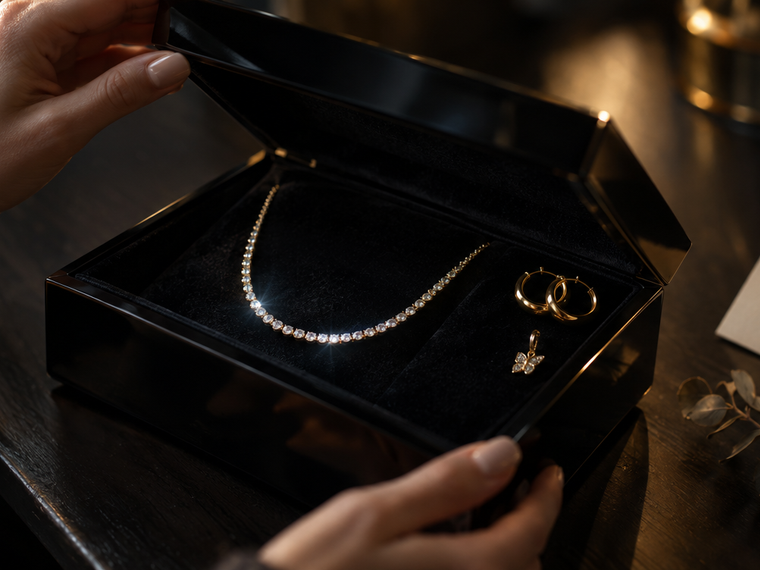 Mains ouvrant un écrin noir contenant un collier rivière doré et des créoles