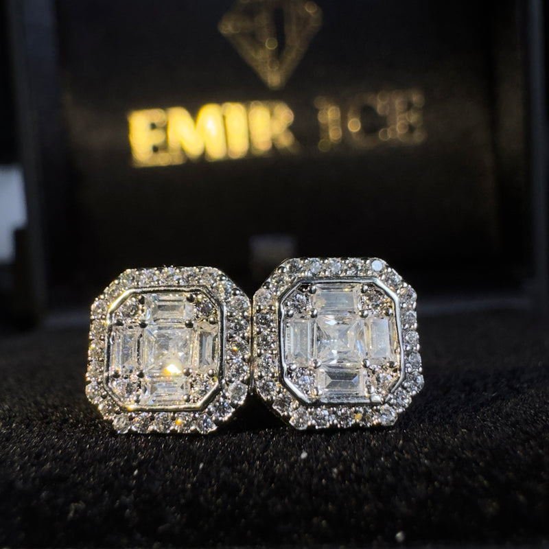 BOUCLE D'OREILLE HOMME CARRÉ DIAMANT OR BLANC S925 - Emirice.com