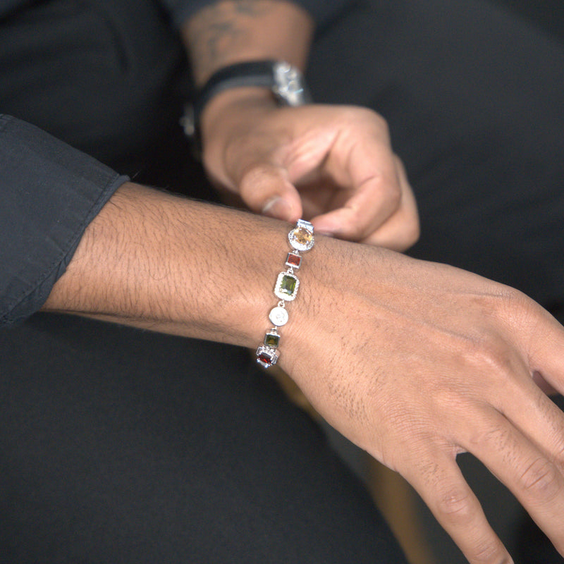 Bracelet gemme pierre multicolore 10mm or blanc