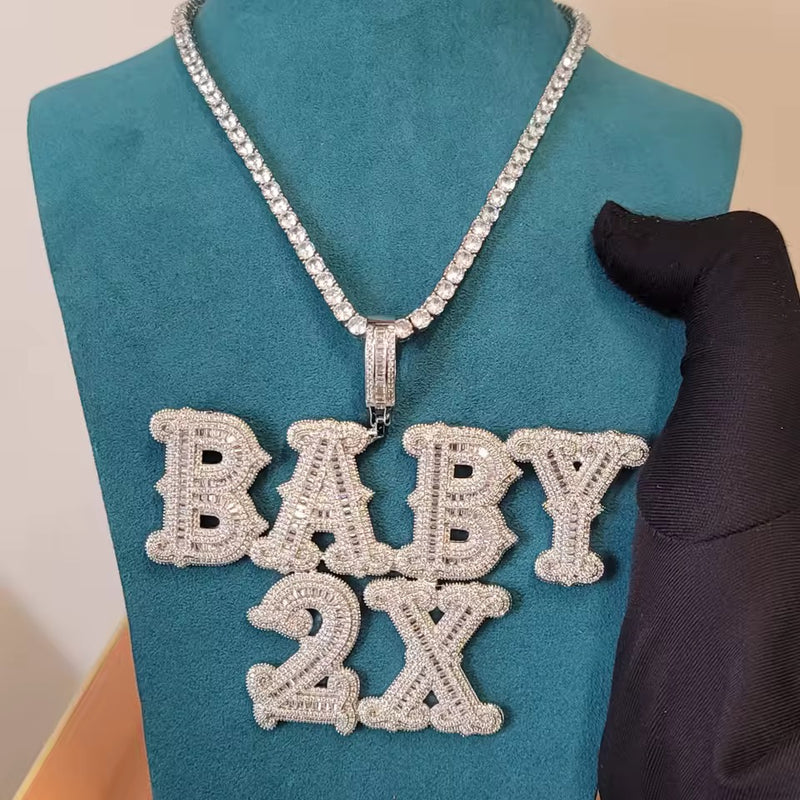 Collier Prénom Pendentif Personnalisé Grosse Lettre Diamant Baguette