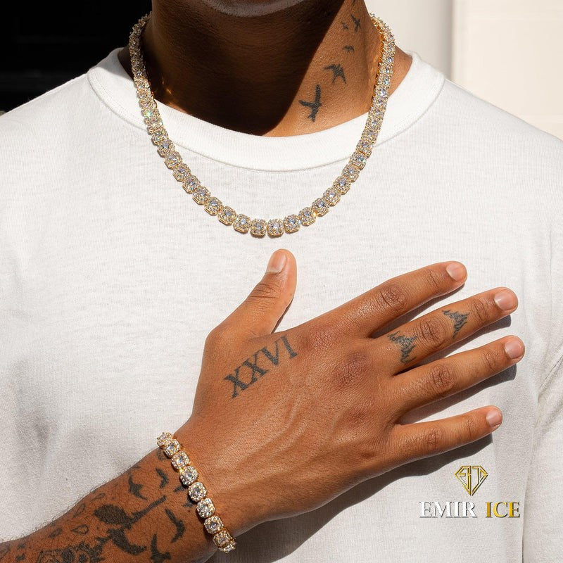 YELLOW GOLD DIAMOND TENNIS CLUSTER CHAIN ​​- 10MM