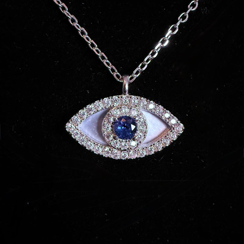Collier oeil bleu protecteur diamant or blanc - Emirice.com