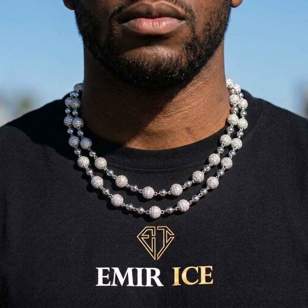 Chaîne Chapelet Boules 8 mm diamant de laboratoire Homme - porté par un homme - Emir ICE