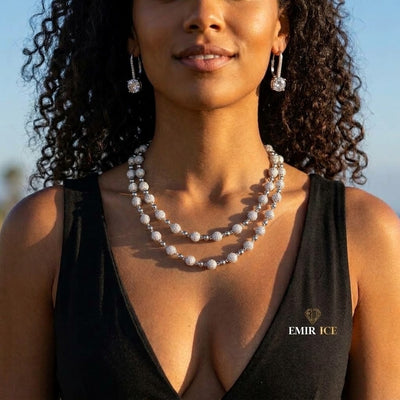 Chaîne Chapelet Boules 8 mm moissanite Femme - portée par une femme - Emir ICE