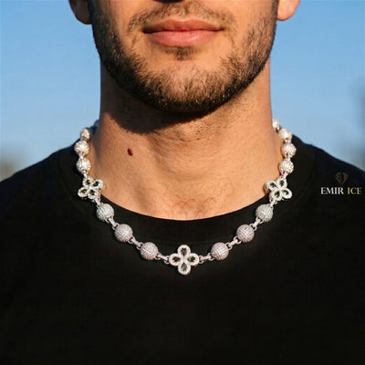 Chaîne Chapelet Boules Trèfle 8 mm diamant naturel Homme - porté par un homme - Emir ICE