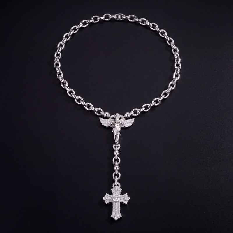 Chaîne Chapelet Croix Jésus diamant de laboratoire Femme - portée par une femme - Emir ICE