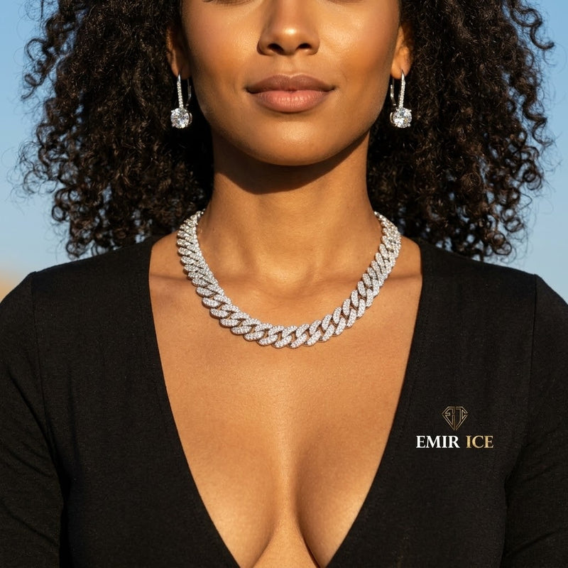 Chaîne Cubaine 1 Rang 16 mm diamant de laboratoire Femme - portée par une femme - Emir ICE