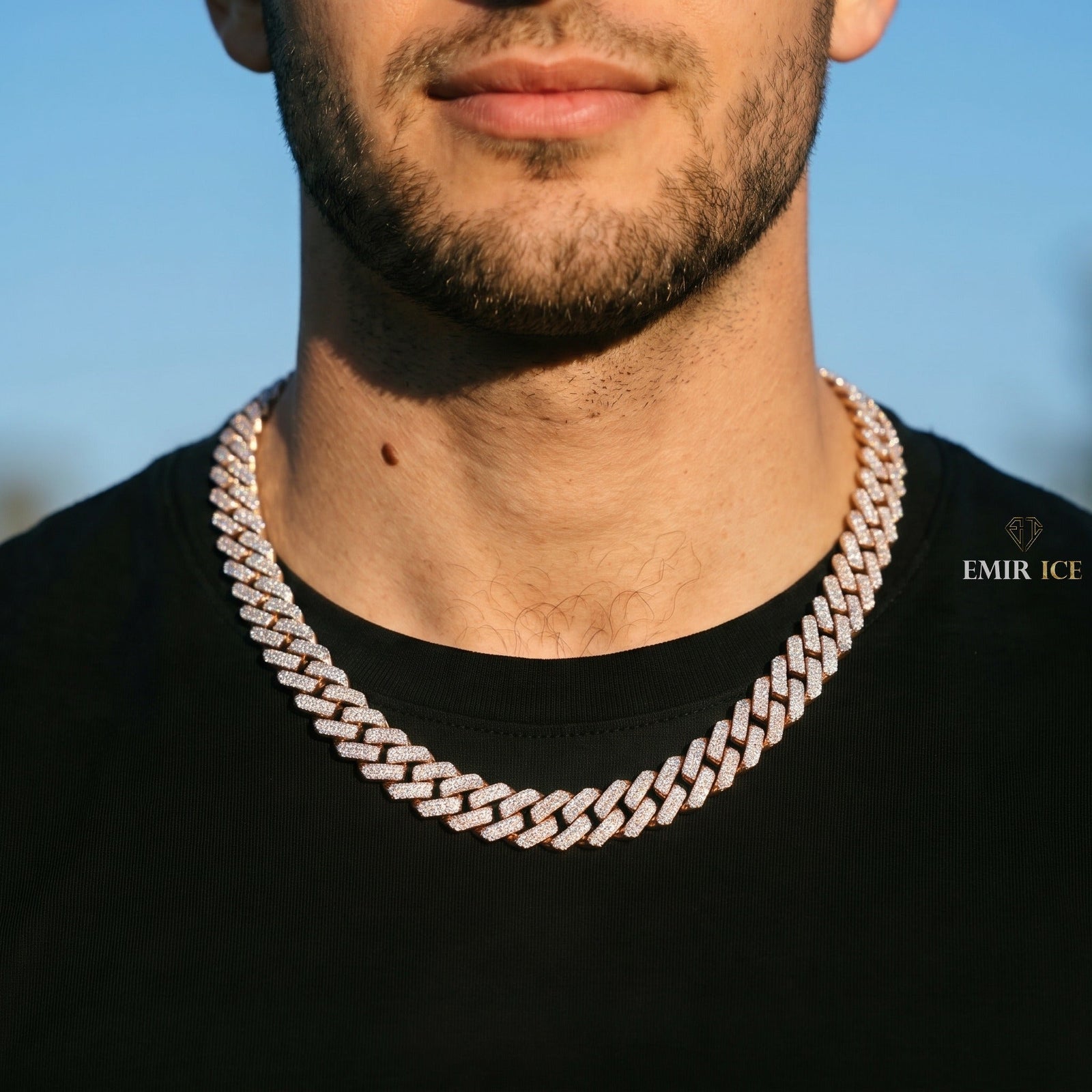 Chaîne Cubaine 2 Rangs Bicolore 10 mm - 12 mm diamant naturel Homme - porté par un homme - Emir ICE