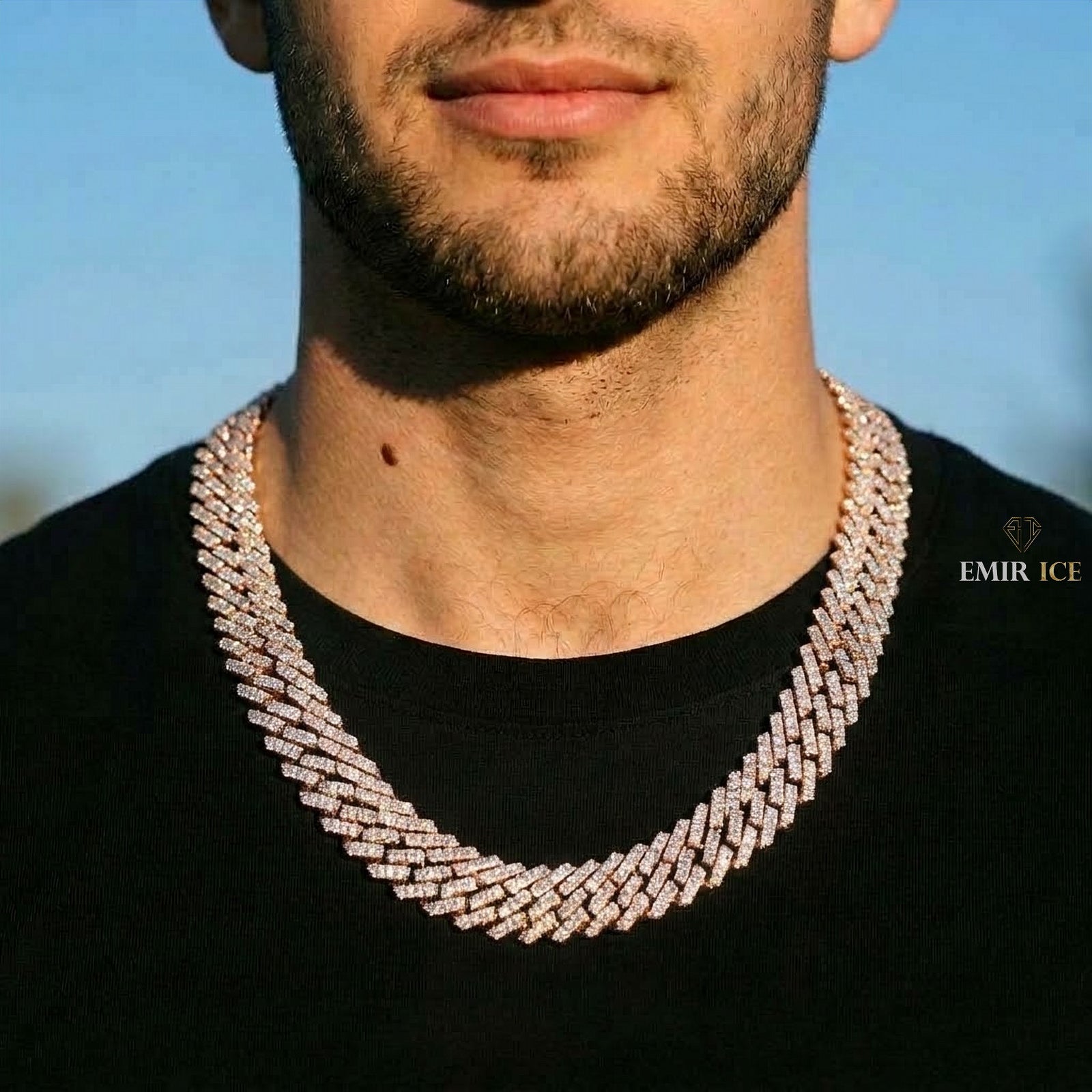 Chaîne Cubaine 2 Rangs Bicolore 10 mm - 12 mm diamant de laboratoire Homme - porté par un homme - Emir ICE