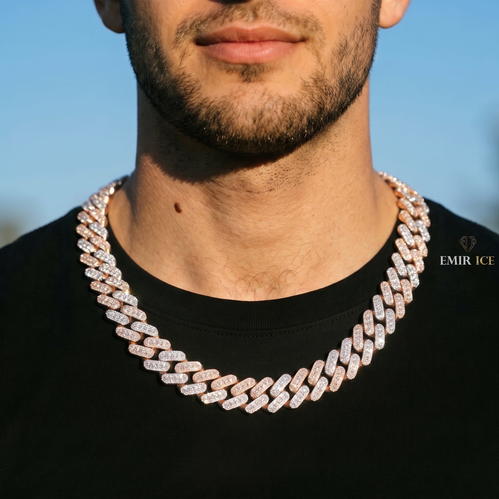 Chaîne Cubaine 3 Rangs Bicolore 13 mm - 15 mm diamant de laboratoire Homme - porté par un homme - Emir ICE