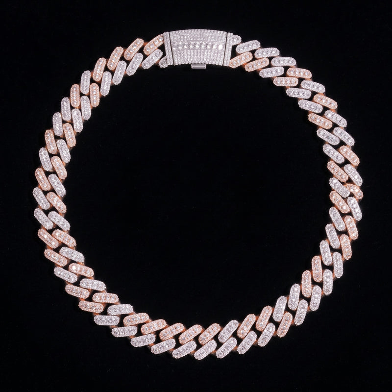 Chaîne Cubaine 3 Rangs Bicolore 13 mm - 15 mm moissanite Femme - portée par une femme - Emir ICE