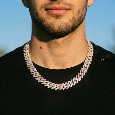 Chaîne Cubaine 3 Rangs Bicolore 13 mm - 15 mm diamant de laboratoire Homme - porté par un homme - Emir ICE