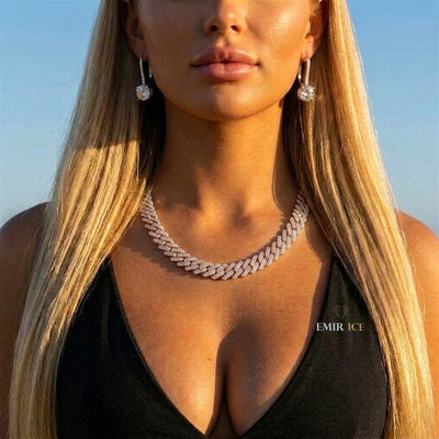 Chaîne Cubaine 3 Rangs Bicolore 13 mm - 15 mm diamant naturel Femme - portée par une femme - Emir ICE