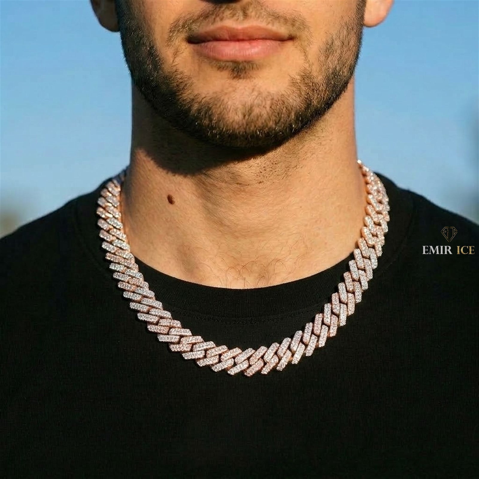 Chaîne Cubaine 3 Rangs Bicolore 13 mm - 15 mm diamant naturel Homme - porté par un homme - Emir ICE