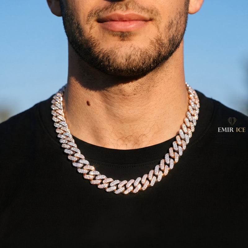 Chaîne Cubaine Bicolore 15 mm diamant de laboratoire Homme - porté par un homme - Emir ICE