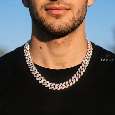 Chaîne Cubaine Bicolore 15 mm diamant naturel Homme - porté par un homme - Emir ICE