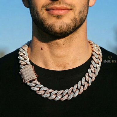 Chaîne Cubaine Bicolore 20 mm diamant naturel Homme - porté par un homme - Emir ICE