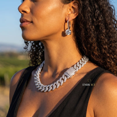 Chaîne Cubaine Miami 25 mm diamant naturel Femme - portée de profil - Emir ICE