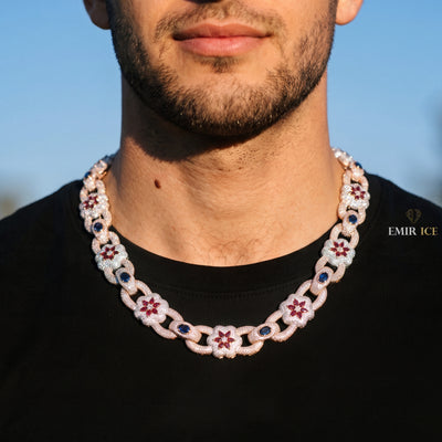 Chaîne Maillon Fleur Bicolore 22 mm diamant naturel Homme - porté par un homme - Emir ICE