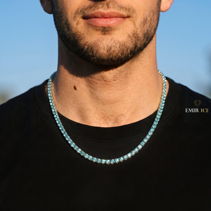 Chaîne Tennis Bleu Tiffany 3 mm - 4 mm moissanite Homme - porté par un homme - Emir ICE