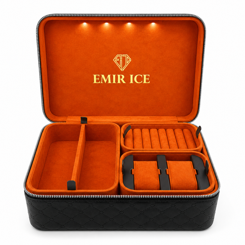 Malette à bijoux LED Emir Ice - vue de côté avec fermeture éclair argentée