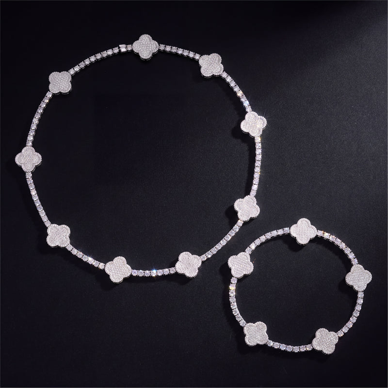 Parure Chaîne et Bracelet Tennis Trèfle 3 mm diamant de laboratoire Femme - portée par une femme - Emir ICE