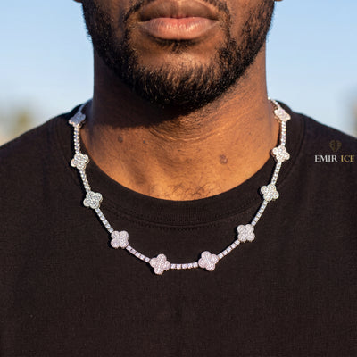 Parure Chaîne et Bracelet Tennis Trèfle 3 mm diamant naturel Homme - porté par un homme - Emir ICE
