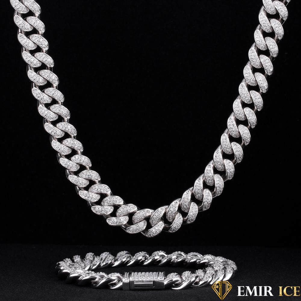 SET DE COLLIER ET BRACELET EMIR CUBAINE OR BLANC - 12MM - Emirice.com
