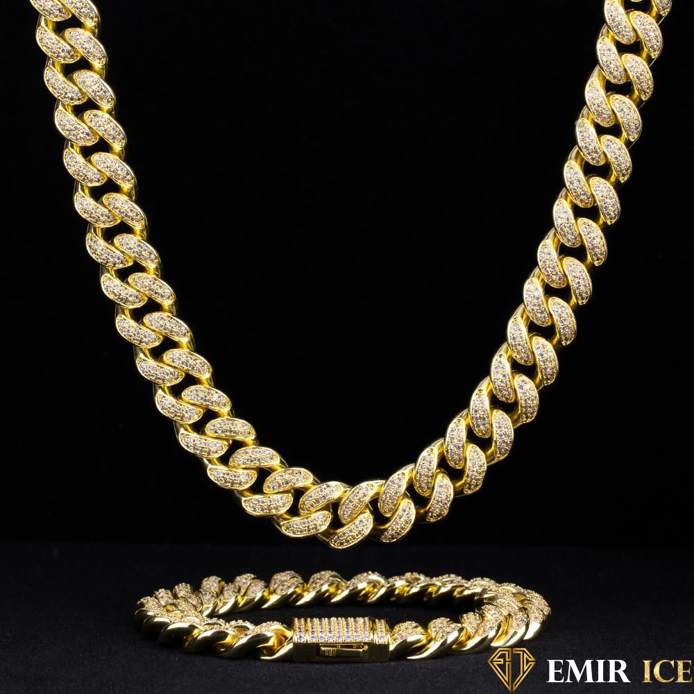 SET DE COLLIER ET BRACELET EMIR CUBAINE OR JAUNE - 12MM - Emirice.com