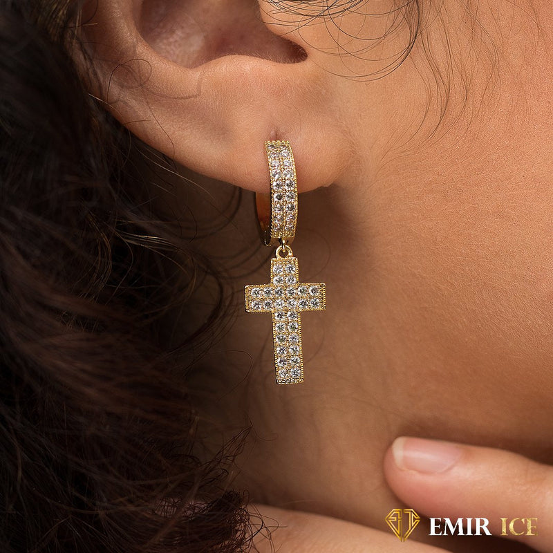 BOUCLE D'OREILLE JONC CROIX PENDANTE | OR JAUNE Bijouterie Bijoux Diamant Emirice.com