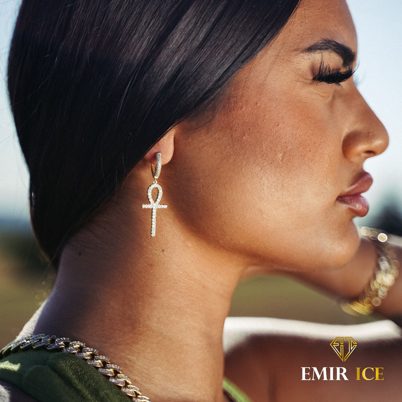 BOUCLE D'OREILLE CROIX ANKH ÉGYPTIENNE OR JAUNE - Emirice.com