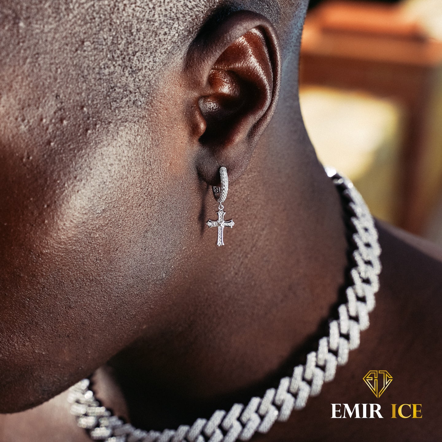 WHITE GOLD DIAMOND CROSS DANGLING EARRING - Main Image