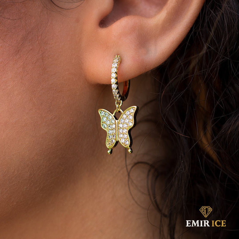 BOUCLE D'OREILLE PENDANTE PAPILLON | OR JAUNE Bijouterie Bijoux Diamant Emirice.com